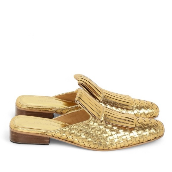 Nina Ricci Shoes - Anna Ricci Handwoven Fringe
Leather Mules - Gold Size 7
